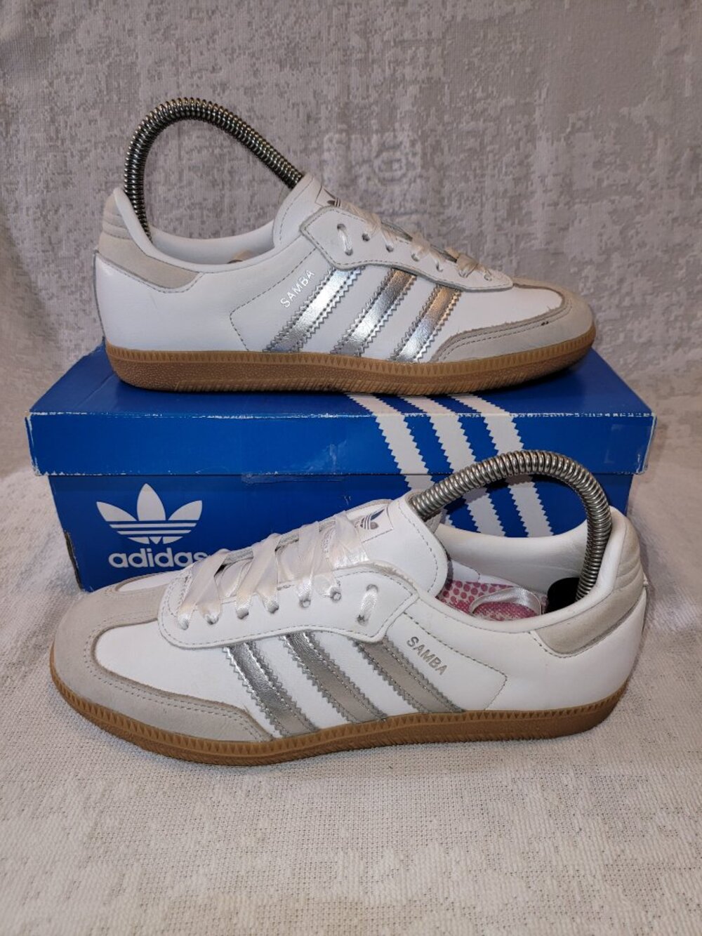 Adidas Samba OG White Silver Metallic Gray Tan Gum Sole Women's Sneakers Size 6